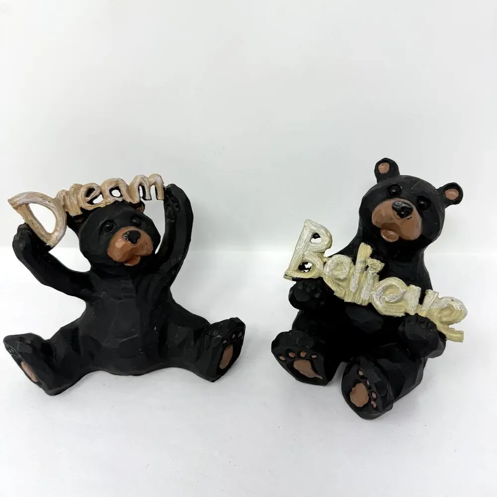 Slifka Black Bear Dream Believe Figurines Set Carved Wood Look Cottage Decor